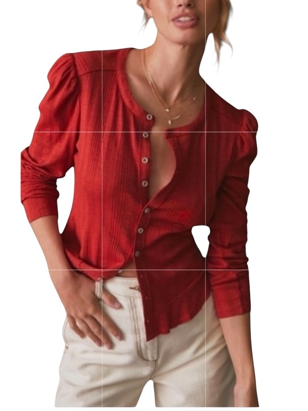Anthropologie Red Button-Front Ribbed Long-Sleeve Top